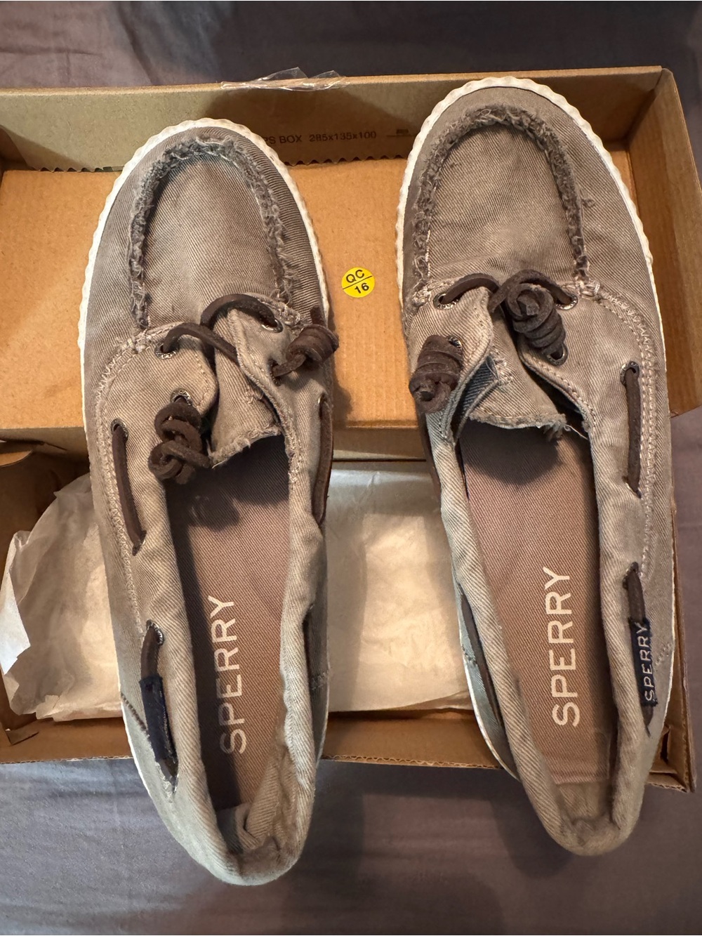 Sperry Women's Taupe Canvas Moccasins with Brown Laces